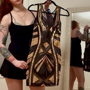 Bebe Black and Gold Sequin Embellished Bodycon Mini Dress NWT XS